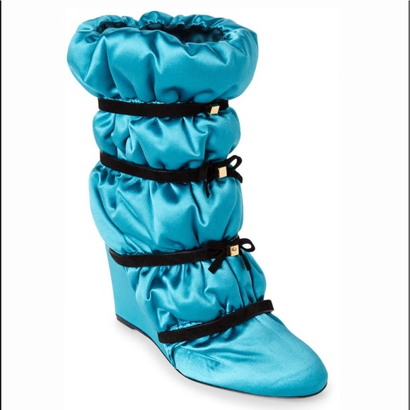 Stuart Weitzman Blue Duvet Wedge Satin SILK Bootie - Picture 5 of 9